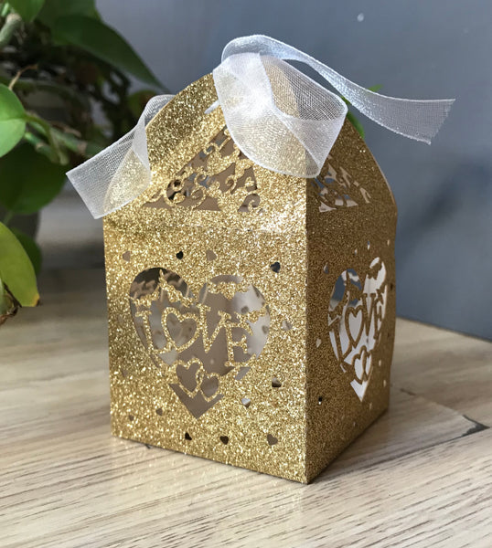 100pcs Glitter Paper Gold Love Laser Cut Candy Box with ribbon,Wedding Gift Boxes,Birthday Gift Packaging Boxes,Chocolate Boxes,Candy Boxes - Kdecoration