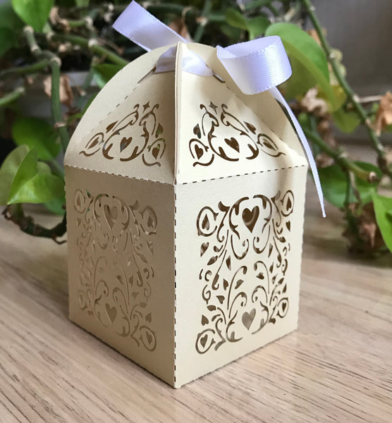 100pcs Light Gold Laser Cut Wedding Favor Boxes with ribbon,Chocolate Boxes,Wedding Favors - Kdecoration