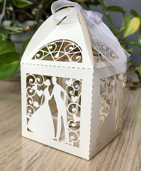 100pcs pearl cream Laser Cut wedding gift Boxes with Ribbons,wedding favors for guests - Kdecoration