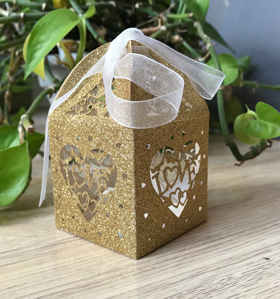 100pcs Glitter Paper Gold Love Laser Cut Candy Box with ribbon,Wedding Gift Boxes,Birthday Gift Packaging Boxes,Chocolate Boxes,Candy Boxes - Kdecoration