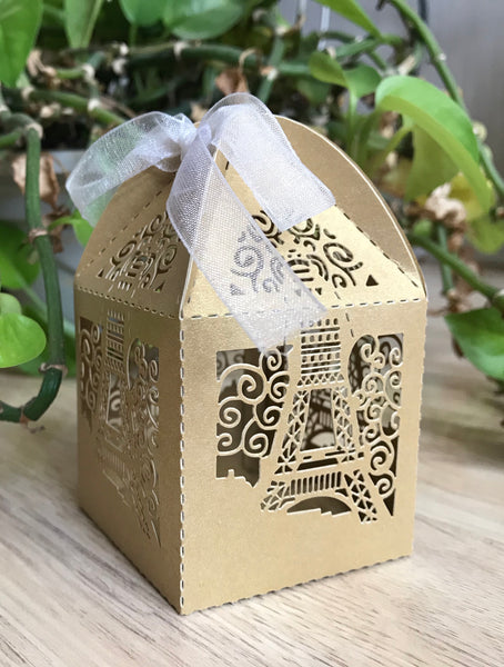 100pcs Pearl Begie Gold Gift Boxes with Ribbon,Laser Cut Candy Boxes,laser cut wedding favor boxes - Kdecoration