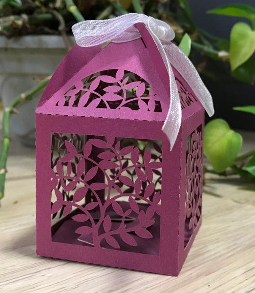 100pcs pearl burgundy red leaf Laser Cut favor Boxes with Ribbons,laser cut wedding gift boxes - Kdecoration