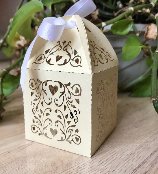 100pcs Light Gold Laser Cut Wedding Favor Boxes with ribbon,Chocolate Boxes,Wedding Favors - Kdecoration