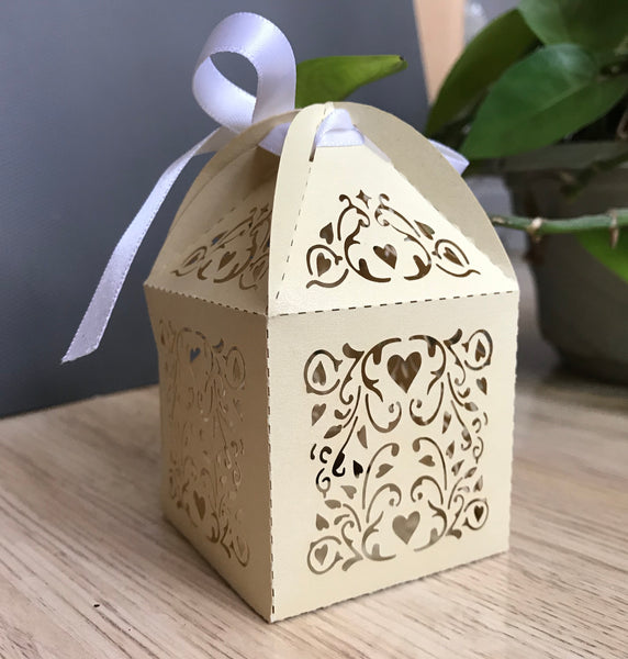 100pcs Light Gold Laser Cut Wedding Favor Boxes with ribbon,Chocolate Boxes,Wedding Favors - Kdecoration