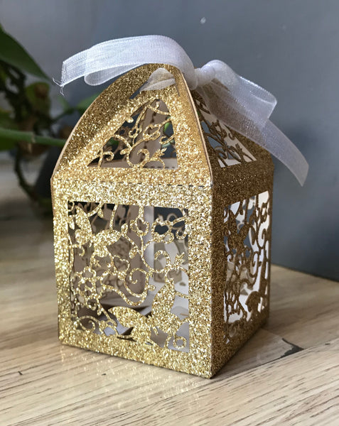 100pcs Glitter Paper Gold Butterfly Laser Cut Candy Box with ribbon,Wedding Gift Boxes,Birthday Gift Packaging Boxes,Chocolate Boxes,Candy Boxes - Kdecoration