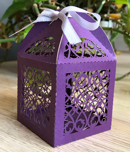 100pcs pearl purple Laser Cut gift Boxes with Ribbons,candy gift boxes,chocolate packing boxes - Kdecoration