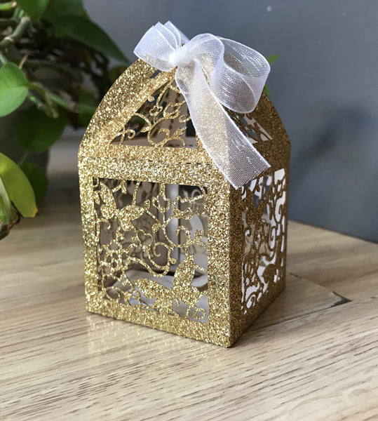 100pcs Glitter Paper Gold Butterfly Laser Cut Candy Box with ribbon,Wedding Gift Boxes,Birthday Gift Packaging Boxes,Chocolate Boxes,Candy Boxes - Kdecoration