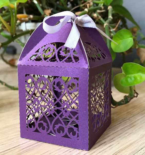 100pcs pearl purple Laser Cut gift Boxes with Ribbons,candy gift boxes,chocolate packing boxes - Kdecoration