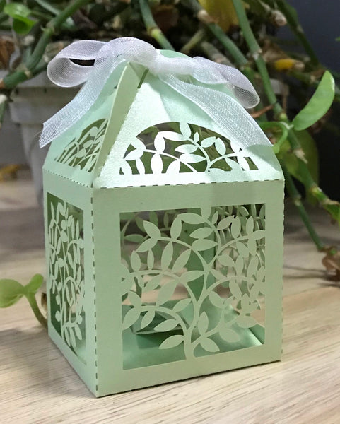 100pcs pearl green leaf Laser Cut wedding gift Boxes with Ribbons,chocolate packing boxes,wedding favors for guests - Kdecoration