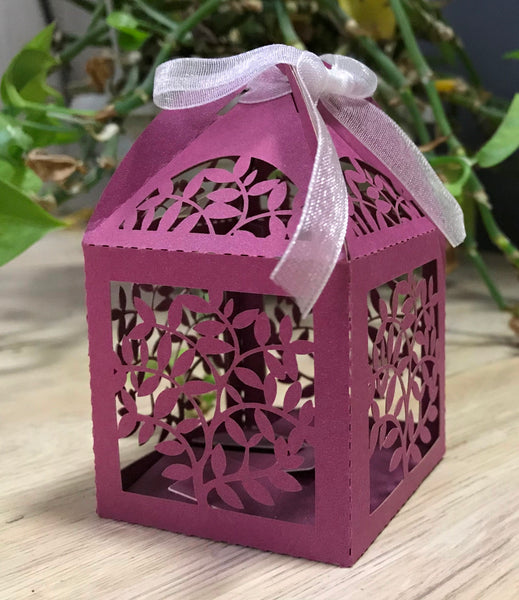 100pcs pearl burgundy red leaf Laser Cut favor Boxes with Ribbons,laser cut wedding gift boxes - Kdecoration