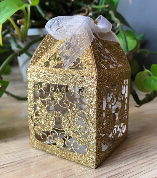 100pcs Glitter Gold laser cut Wedding Favor Boxes,Candy Boxes,Chocolate Boxes,Sweets gift Boxes - Kdecoration