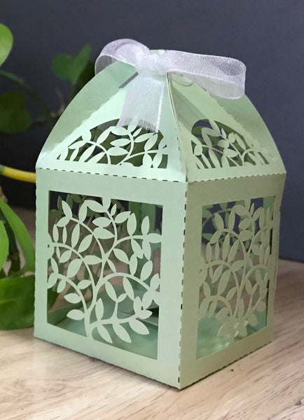 100pcs pearl green leaf Laser Cut wedding gift Boxes with Ribbons,chocolate packing boxes,wedding favors for guests - Kdecoration