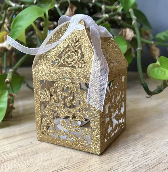 100pcs Glitter Silver Rose laser cut Wedding Gift Boxes, Candy Chocolate Sweets Boxes,wedding favors - Kdecoration