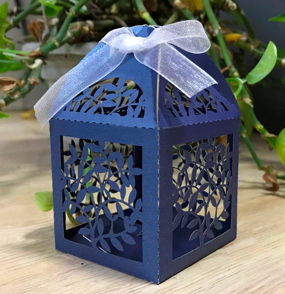 100pcs pearl navy blue leaf Laser Cut favor boxes,small gift boxes for table decorations - Kdecoration