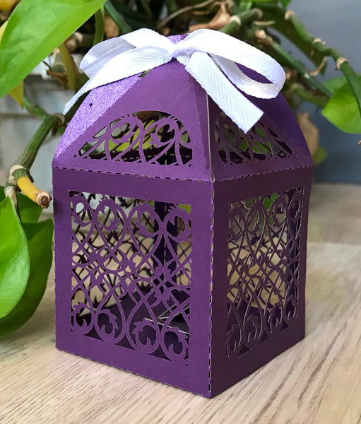 100pcs pearl purple Laser Cut gift Boxes with Ribbons,candy gift boxes,chocolate packing boxes - Kdecoration