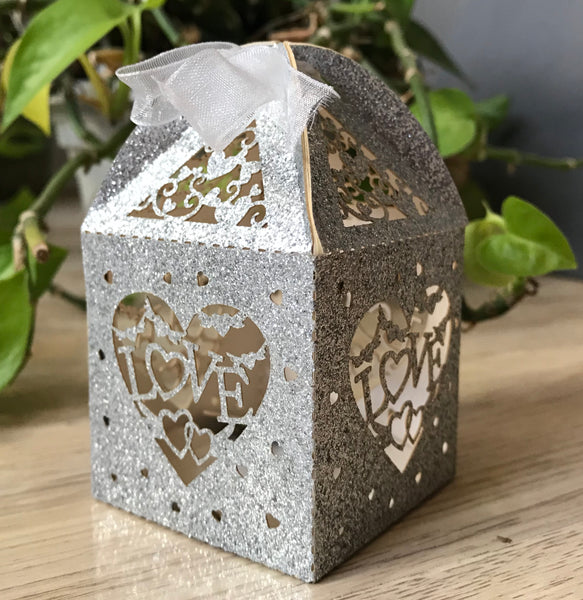 100pcs Glitter Paper Gold Love Laser Cut Candy Box with ribbon,Wedding Gift Boxes,Birthday Gift Packaging Boxes,Chocolate Boxes,Candy Boxes - Kdecoration