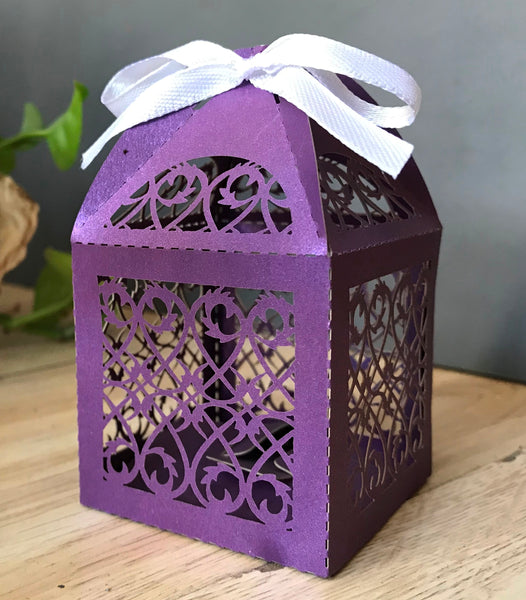 100pcs pearl purple Laser Cut gift Boxes with Ribbons,candy gift boxes,chocolate packing boxes - Kdecoration