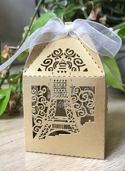 100pcs Pearl Begie Gold Gift Boxes with Ribbon,Laser Cut Candy Boxes,laser cut wedding favor boxes - Kdecoration