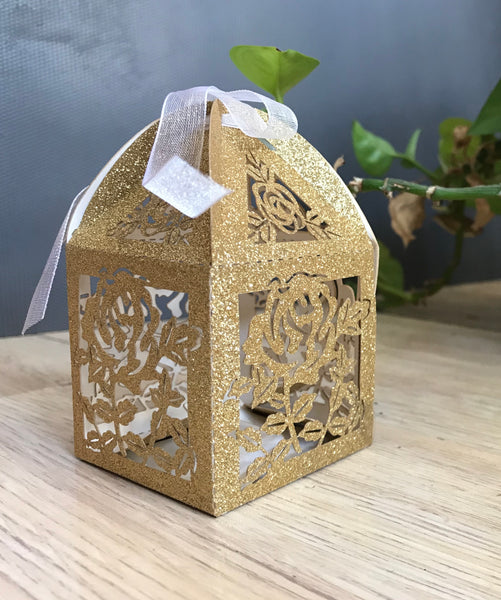 100pcs Glitter Silver Rose laser cut Wedding Gift Boxes, Candy Chocolate Sweets Boxes,wedding favors - Kdecoration