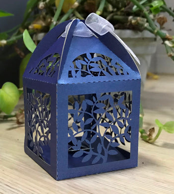 100pcs pearl navy blue leaf Laser Cut favor boxes,small gift boxes for table decorations - Kdecoration