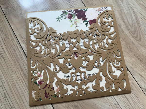 50pcs Pearl Begie Gold Laser Cut Wedding Cards,customiz pocket laser cut invitations Cover - Kdecoration