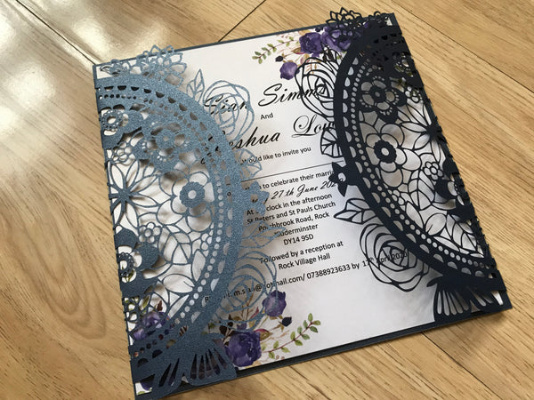 50pcs Pearl Navy Blue Laser Cut Wedding Cards,Engagement Invitations - Kdecoration