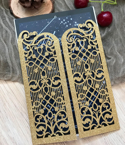 50pcs Glitter Gold laser cut wedding invitations,Laser Cut invitation cards,engagement invitations - Kdecoration