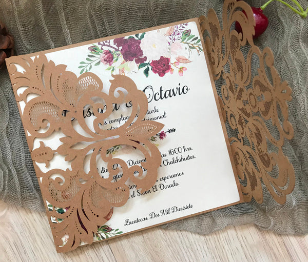 50pcs kraft paper brown laser cut invitations,custom Laser Cut Wedding invitations,birthday invite - Kdecoration