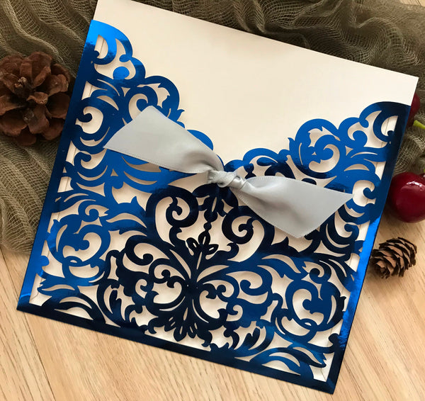 50pcs metallic navy blue custom pocket engagement Invitations with ribbon,laser cut invite cards,pocket laser cut wedding invitations cards,Pocket invitation cards - Kdecoration