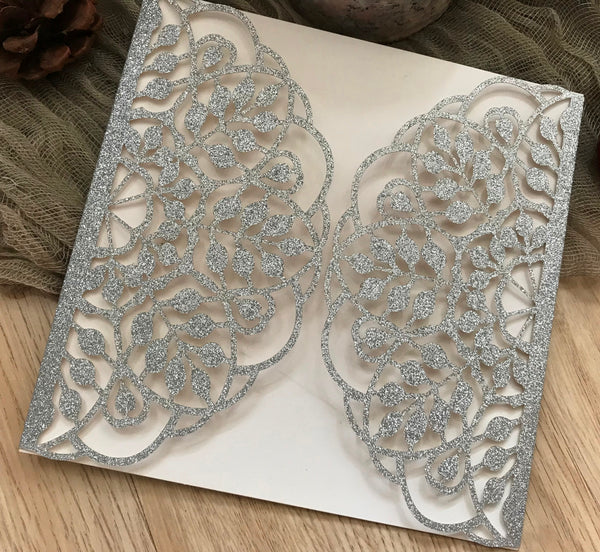 50pcs Glitter Silver leaves birthday invitations Cards,baby shower invitations,laser cut wedding invitations - Kdecoration