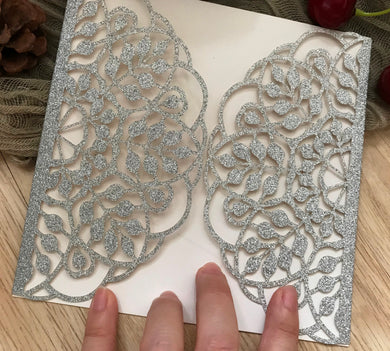 50pcs Glitter Silver leaves birthday invitations Cards,baby shower invitations,laser cut wedding invitations - Kdecoration