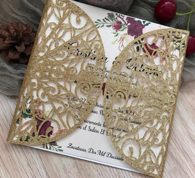 50pcs Glitter Gold Laser cut wedding invitations cards,baptism invitations,bridal shower invitations - Kdecoration