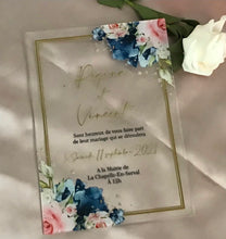 Invitation de mariage acrylique de fleurs bleu marine, invitation acrylique, menu acrylique avec base