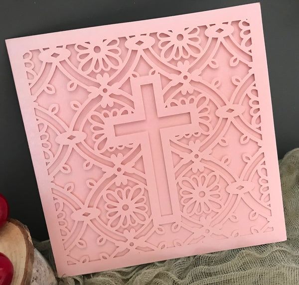 50pcs Pearl pink cross Laser Cut wedding invite card,wedding Invitations,baby shower invitation cards,baptism invitations cards,Sweet Sixteen Birthday Invitations - Kdecoration