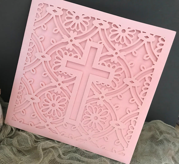 50pcs Pearl pink cross Laser Cut wedding invite card,wedding Invitations,baby shower invitation cards,baptism invitations cards,Sweet Sixteen Birthday Invitations - Kdecoration