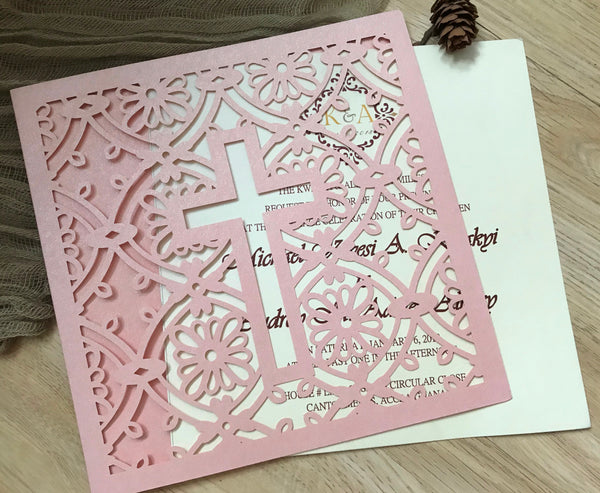 50pcs Pearl pink cross Laser Cut wedding invite card,wedding Invitations,baby shower invitation cards,baptism invitations cards,Sweet Sixteen Birthday Invitations - Kdecoration