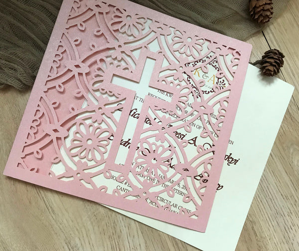50pcs Pearl pink cross Laser Cut wedding invite card,wedding Invitations,baby shower invitation cards,baptism invitations cards,Sweet Sixteen Birthday Invitations - Kdecoration