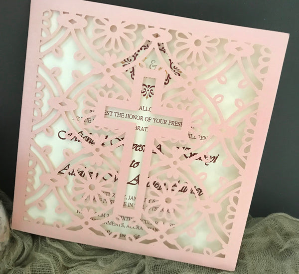 50pcs Pearl pink cross Laser Cut wedding invite card,wedding Invitations,baby shower invitation cards,baptism invitations cards,Sweet Sixteen Birthday Invitations - Kdecoration