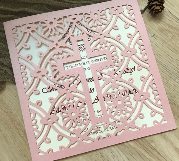 50pcs Pearl pink cross Laser Cut wedding invite card,wedding Invitations,baby shower invitation cards,baptism invitations cards,Sweet Sixteen Birthday Invitations - Kdecoration