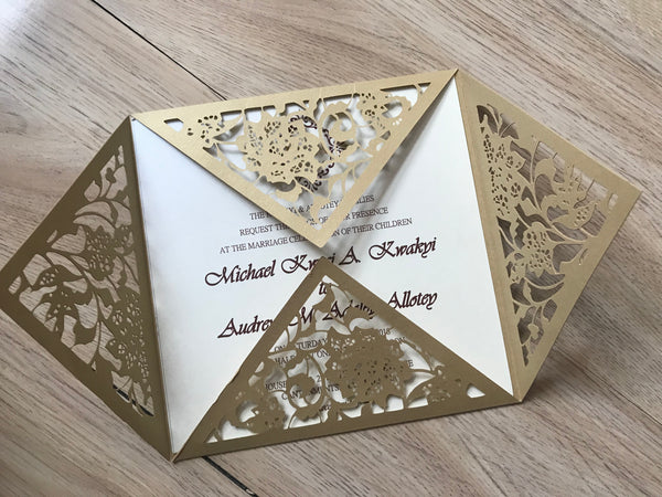 50pcs Pearl Begie Gold Wedding Invitation,Birthday Invite covers,Laser Cut Wedding Cards,4flaps laser Cut Invitations Cards,Engagement Invitations - Kdecoration