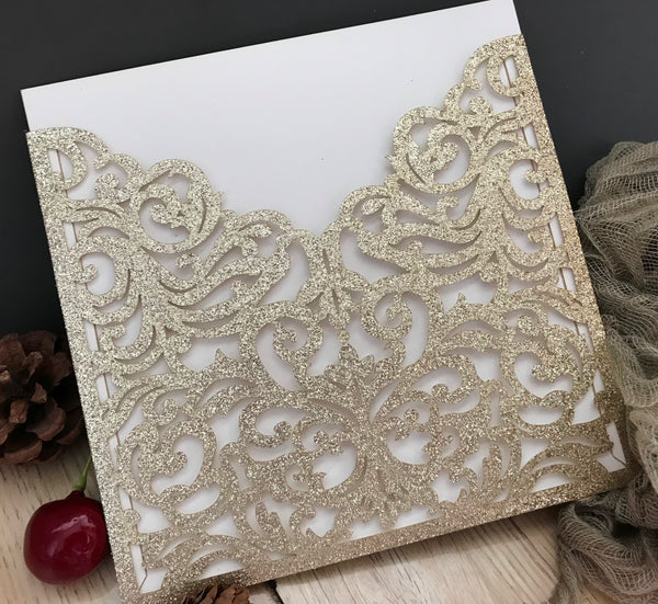 50pcs Glitter Champagin gold Pocket laser cut wedding invitations,elegant laser cut invitation cards,pocket invitation sleeve