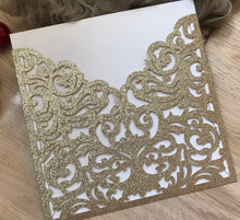 50pcs Glitter Champagin gold Pocket laser cut wedding invitations,elegant laser cut invitation cards,pocket invitation sleeve