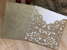 50pcs Glitter Champagin gold Pocket laser cut wedding invitations,elegant laser cut invitation cards,pocket invitation sleeve