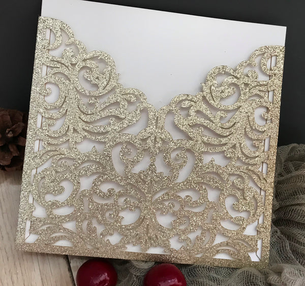 50pcs Glitter Champagin gold Pocket laser cut wedding invitations,elegant laser cut invitation cards,pocket invitation sleeve