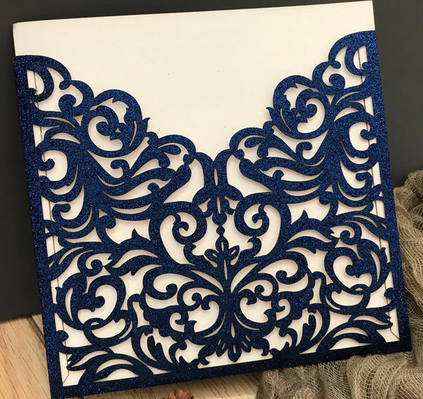 50pcs Glitter Navy Blue Pocket laser cut wedding invitations cards,elegant invitation cards,invitation sleeve