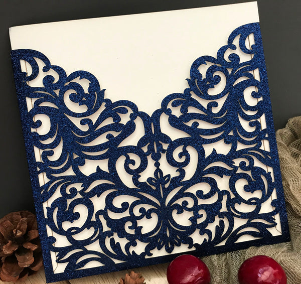 50pcs Glitter Champagin gold Pocket laser cut wedding invitations,elegant laser cut invitation cards,pocket invitation sleeve