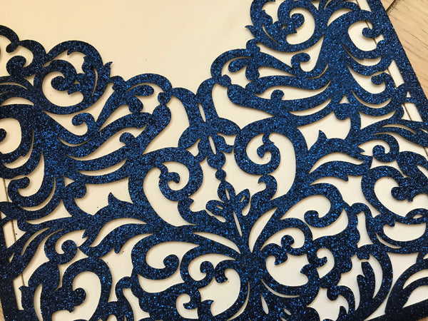 50pcs Glitter Navy Blue Pocket laser cut wedding invitations cards,elegant invitation cards,invitation sleeve