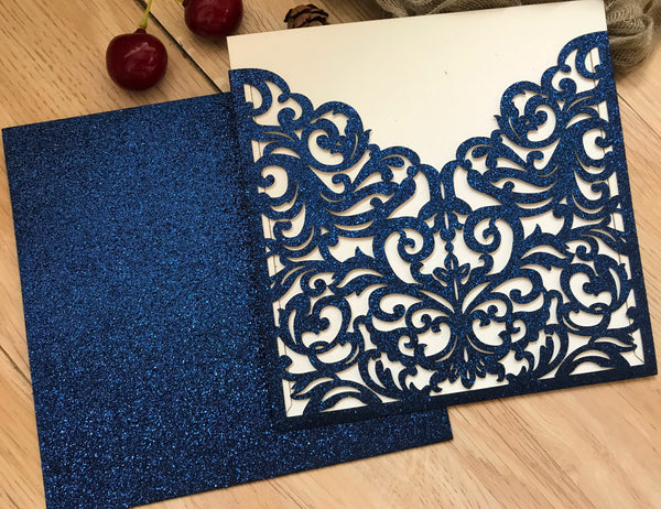 50pcs Glitter Navy Blue Pocket laser cut wedding invitations cards,elegant invitation cards,invitation sleeve