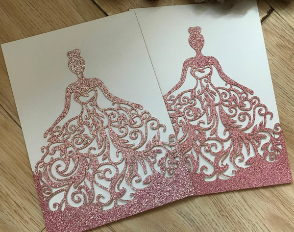 50pcs glitter pink Pocket sweet birthday invitations cards,Laser Cut wedding invitation cards,bridal shower invitation cards,pocket laser cut invite cards - Kdecoration