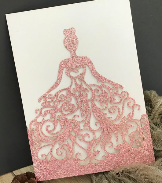 50pcs glitter pink Pocket sweet birthday invitations cards,Laser Cut wedding invitation cards,bridal shower invitation cards,pocket laser cut invite cards - Kdecoration